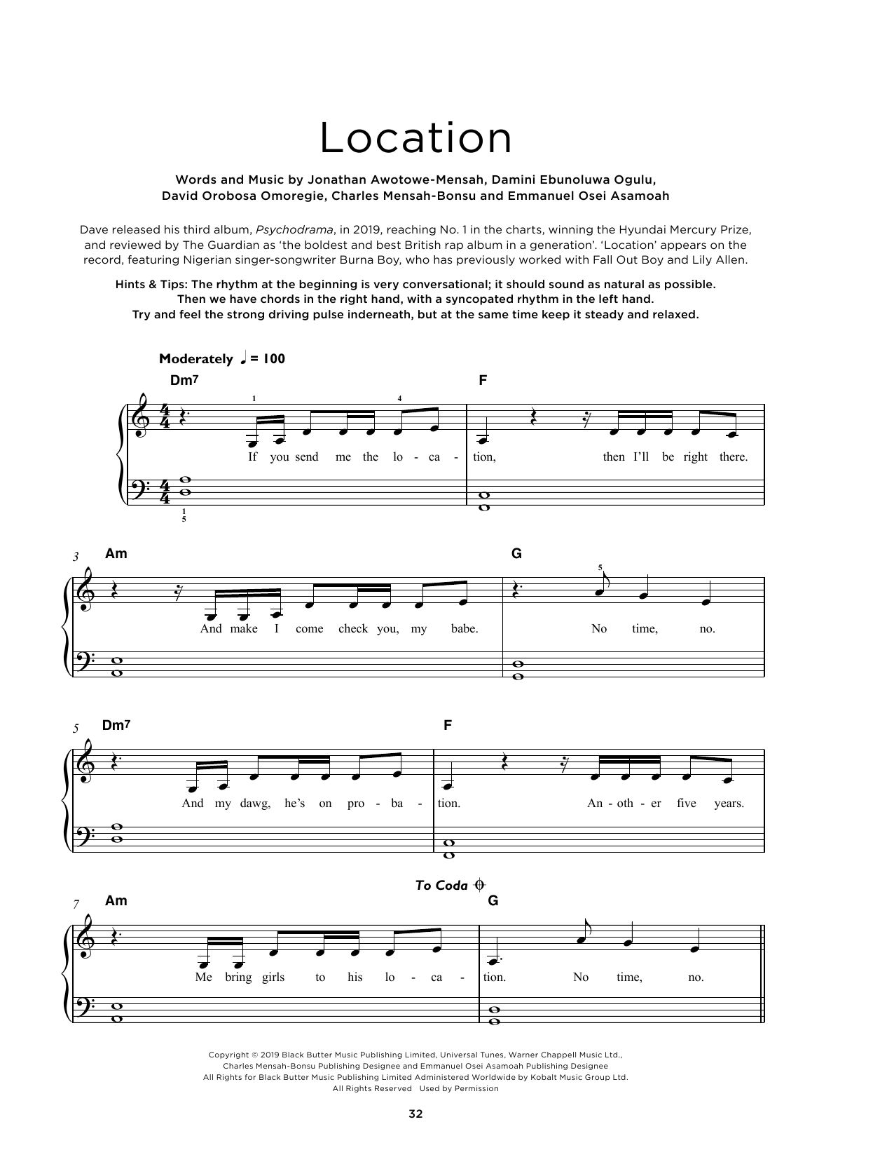 Dave Location (feat. Burna Boy) Sheet Music Notes & Chords for Really Easy Piano - Download or Print PDF