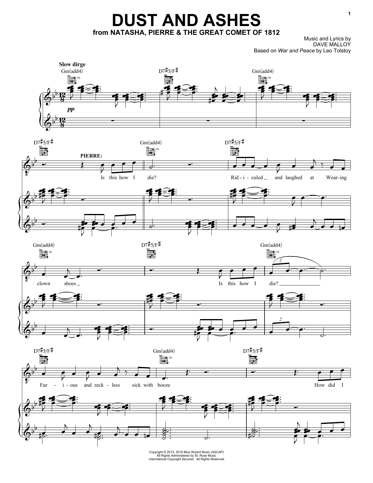 Dave Malloy Dust And Ashes Sheet Music Notes & Chords for Piano, Vocal & Guitar (Right-Hand Melody) - Download or Print PDF
