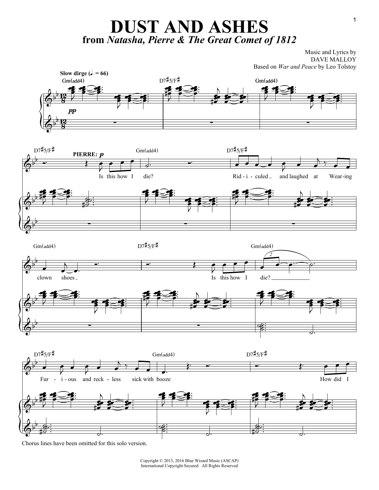 Dave Malloy Dust And Ashes [Solo version] (from Natasha, Pierre & The Great Comet of 1812) Sheet Music Notes & Chords for Piano & Vocal - Download or Print PDF