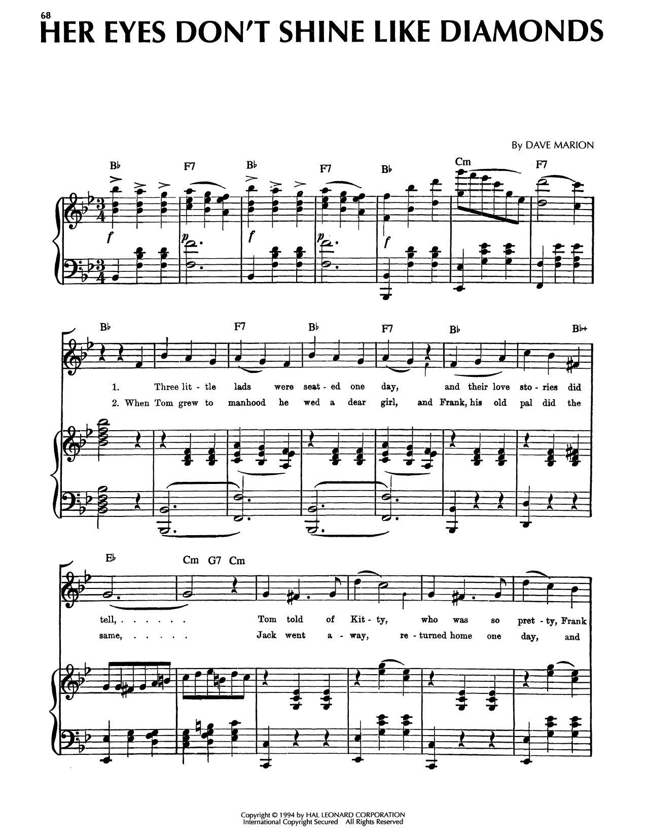 Dave Marion Her Eyes Don't Shine Like Diamonds Sheet Music Notes & Chords for Piano, Vocal & Guitar Chords (Right-Hand Melody) - Download or Print PDF