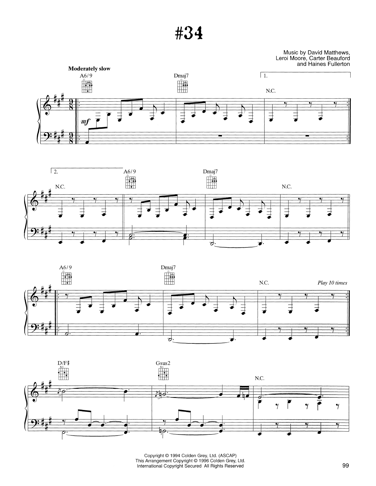 Dave Matthews Band #34 Sheet Music Notes & Chords for Piano, Vocal & Guitar (Right-Hand Melody) - Download or Print PDF
