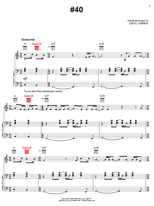 Dave Matthews Band #40 Sheet Music Notes & Chords for Piano, Vocal & Guitar (Right-Hand Melody) - Download or Print PDF