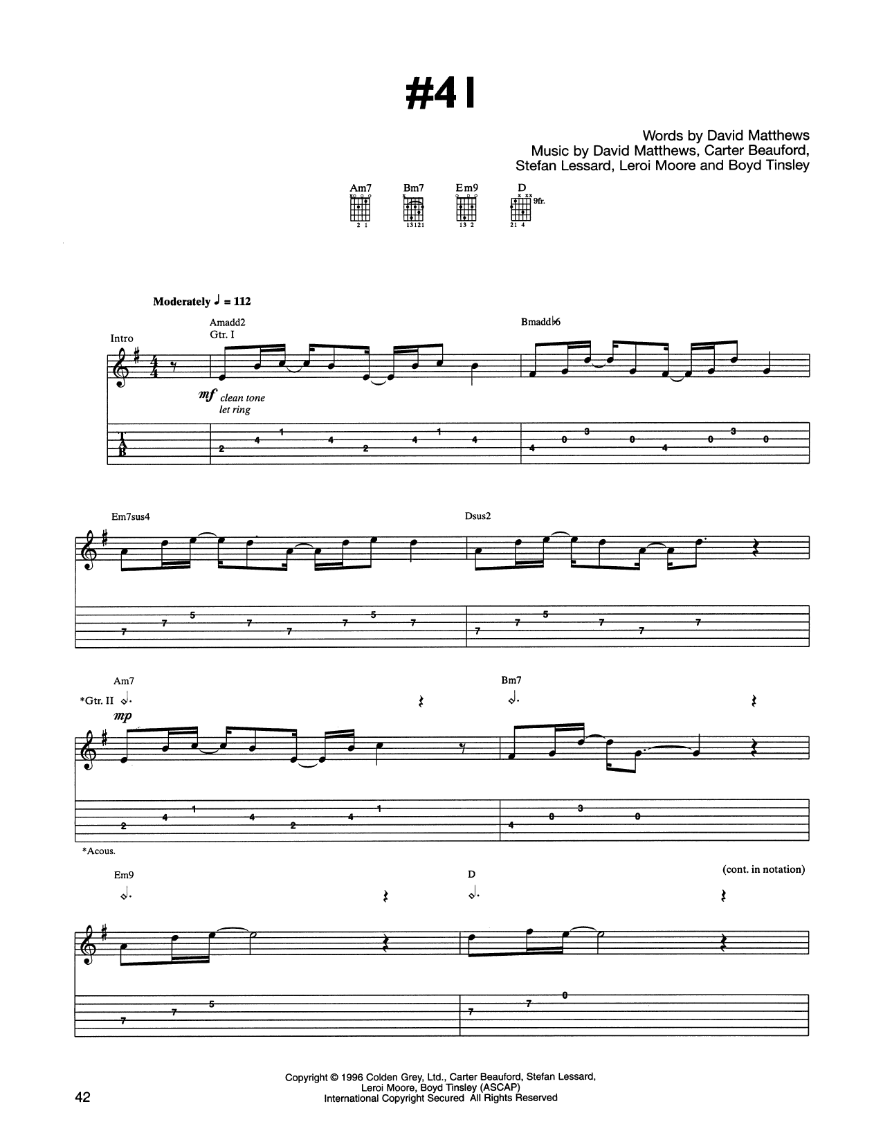 Dave Matthews Band #41 Sheet Music Notes & Chords for Guitar Tab - Download or Print PDF