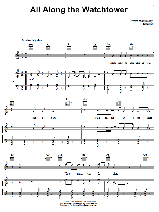 Dave Matthews Band All Along The Watchtower Sheet Music Notes & Chords for Piano, Vocal & Guitar (Right-Hand Melody) - Download or Print PDF