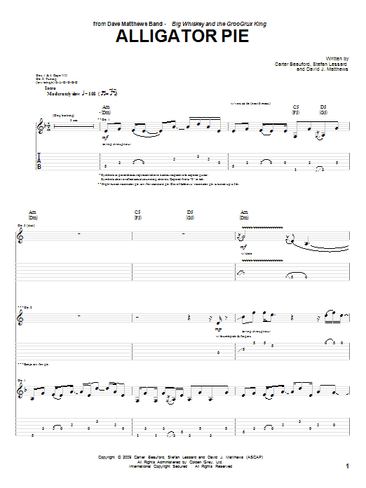 Dave Matthews Band Alligator Pie Sheet Music Notes & Chords for Guitar Tab - Download or Print PDF