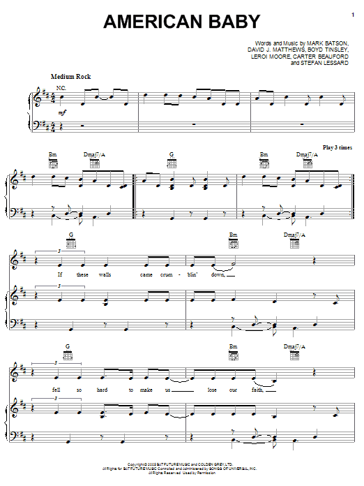 Dave Matthews Band American Baby Sheet Music Notes & Chords for Piano, Vocal & Guitar (Right-Hand Melody) - Download or Print PDF