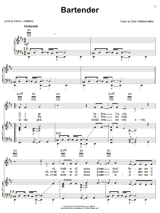Dave Matthews Band Bartender Sheet Music Notes & Chords for Piano, Vocal & Guitar (Right-Hand Melody) - Download or Print PDF