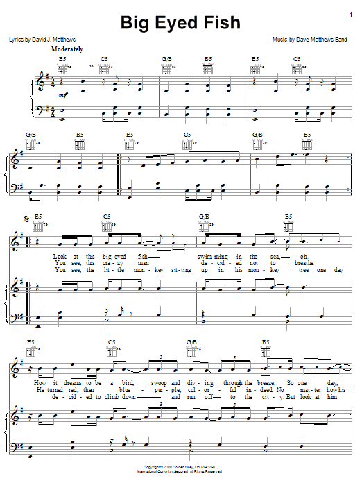Dave Matthews Band Big Eyed Fish Sheet Music Notes & Chords for Piano, Vocal & Guitar (Right-Hand Melody) - Download or Print PDF