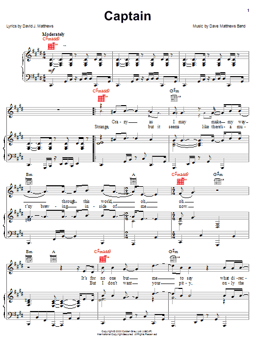 Dave Matthews Band Captain Sheet Music Notes & Chords for Piano, Vocal & Guitar (Right-Hand Melody) - Download or Print PDF