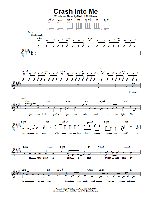 Dave Matthews Band Crash Into Me Sheet Music Notes & Chords for Guitar with strumming patterns - Download or Print PDF
