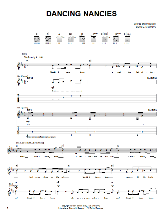 Dave Matthews Band Dancing Nancies Sheet Music Notes & Chords for Piano, Vocal & Guitar (Right-Hand Melody) - Download or Print PDF