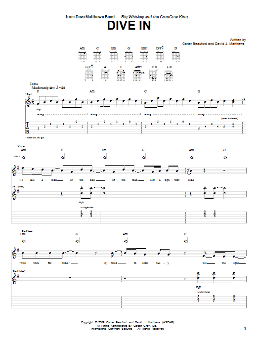 Dave Matthews Band Dive In Sheet Music Notes & Chords for Guitar Tab - Download or Print PDF