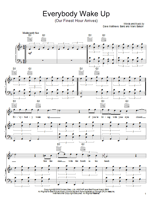Dave Matthews Band Everybody Wake Up (Our Finest Hour Arrives) Sheet Music Notes & Chords for Piano, Vocal & Guitar (Right-Hand Melody) - Download or Print PDF