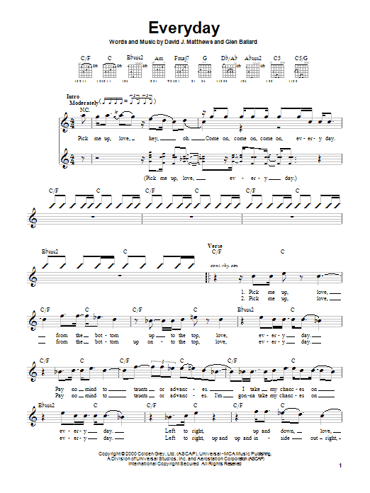 Dave Matthews Band Everyday Sheet Music Notes & Chords for Easy Guitar - Download or Print PDF