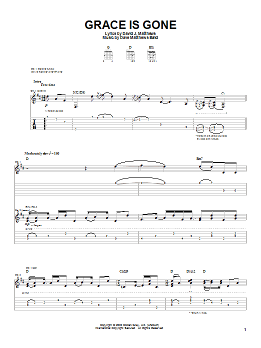 Dave Matthews Band Grace Is Gone Sheet Music Notes & Chords for Lyrics & Chords - Download or Print PDF