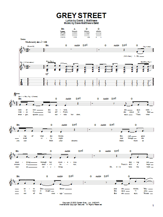 Dave Matthews Band Grey Street Sheet Music Notes & Chords for Lyrics & Chords - Download or Print PDF