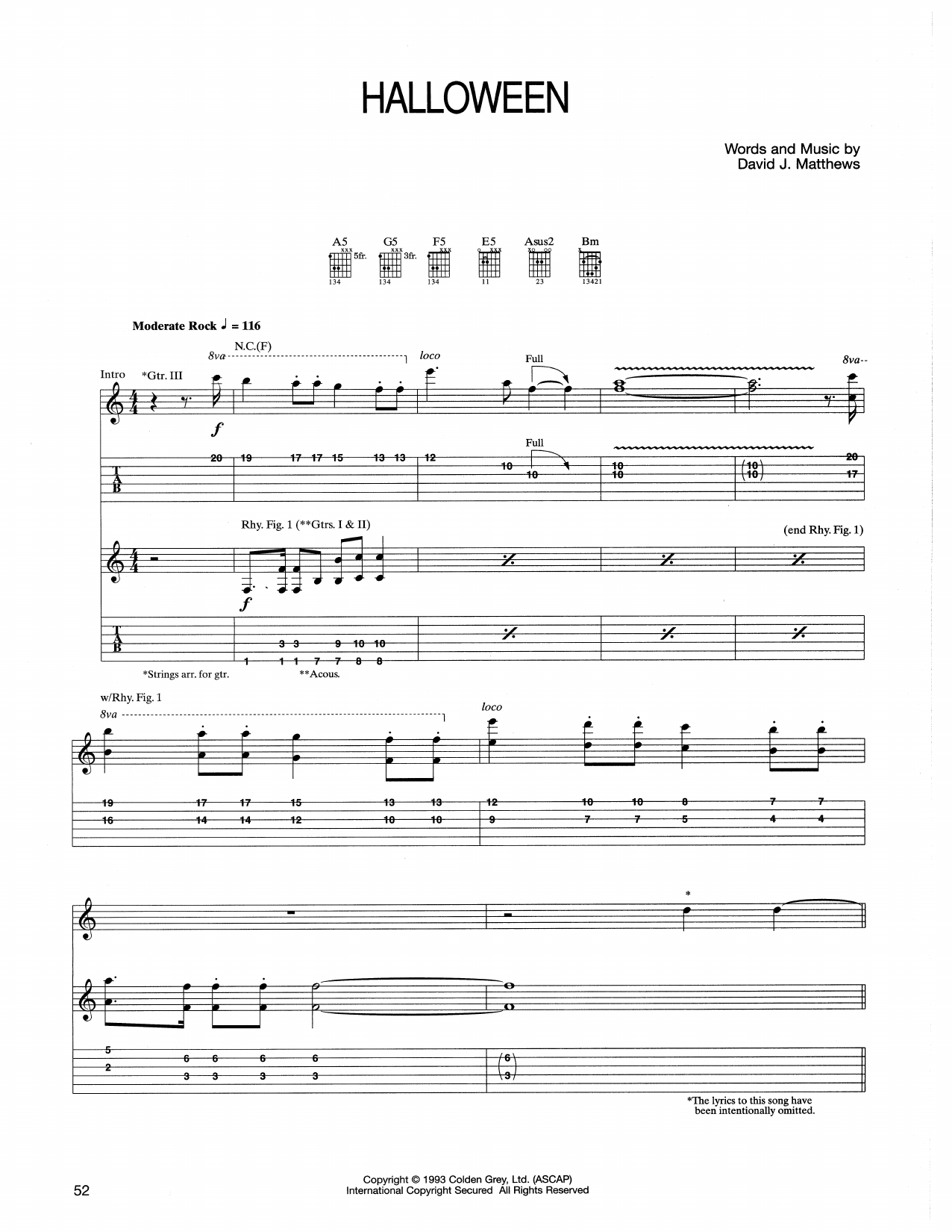 Dave Matthews Band Halloween Sheet Music Notes & Chords for Guitar Tab - Download or Print PDF
