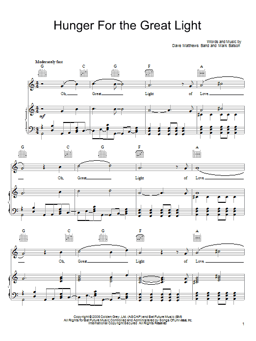 Dave Matthews Band Hunger For The Great Light Sheet Music Notes & Chords for Piano, Vocal & Guitar (Right-Hand Melody) - Download or Print PDF