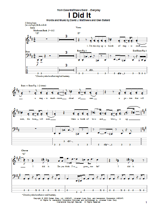 Dave Matthews Band I Did It Sheet Music Notes & Chords for Bass Guitar Tab - Download or Print PDF