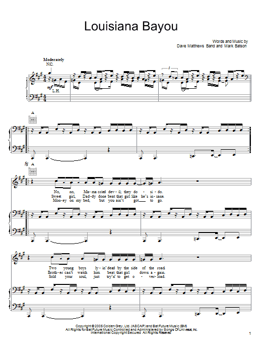 Dave Matthews Band Louisiana Bayou Sheet Music Notes & Chords for Piano, Vocal & Guitar (Right-Hand Melody) - Download or Print PDF