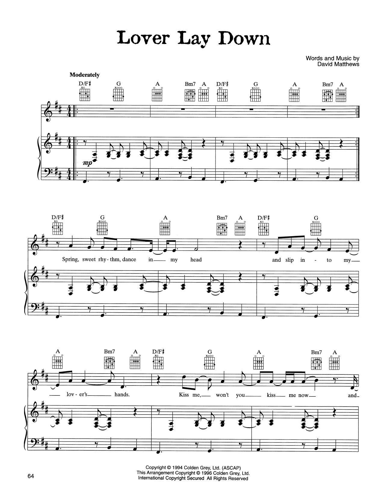 Dave Matthews Band Lover Lay Down Sheet Music Notes & Chords for Piano, Vocal & Guitar (Right-Hand Melody) - Download or Print PDF