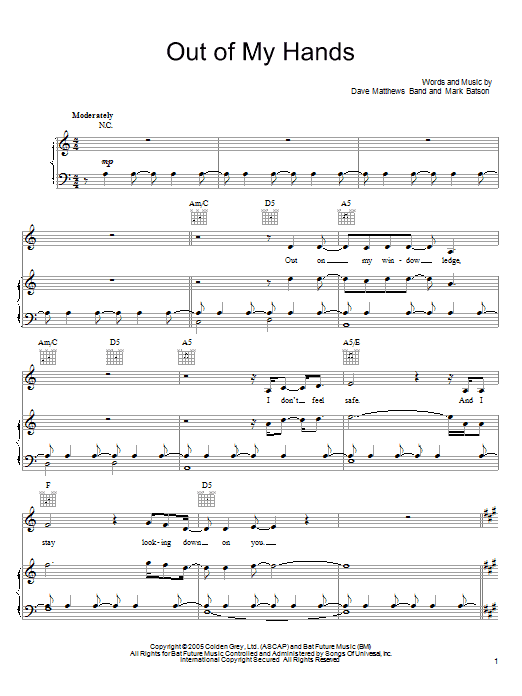 Dave Matthews Band Out Of My Hands Sheet Music Notes & Chords for Piano, Vocal & Guitar (Right-Hand Melody) - Download or Print PDF