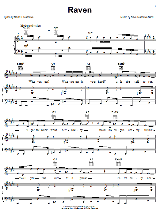 Dave Matthews Band Raven Sheet Music Notes & Chords for Piano, Vocal & Guitar (Right-Hand Melody) - Download or Print PDF
