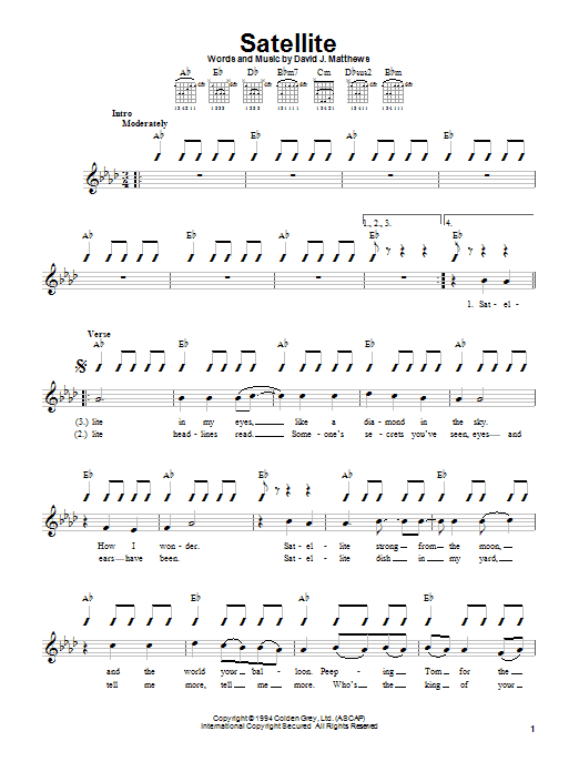 Dave Matthews Band Satellite Sheet Music Notes & Chords for Guitar with strumming patterns - Download or Print PDF