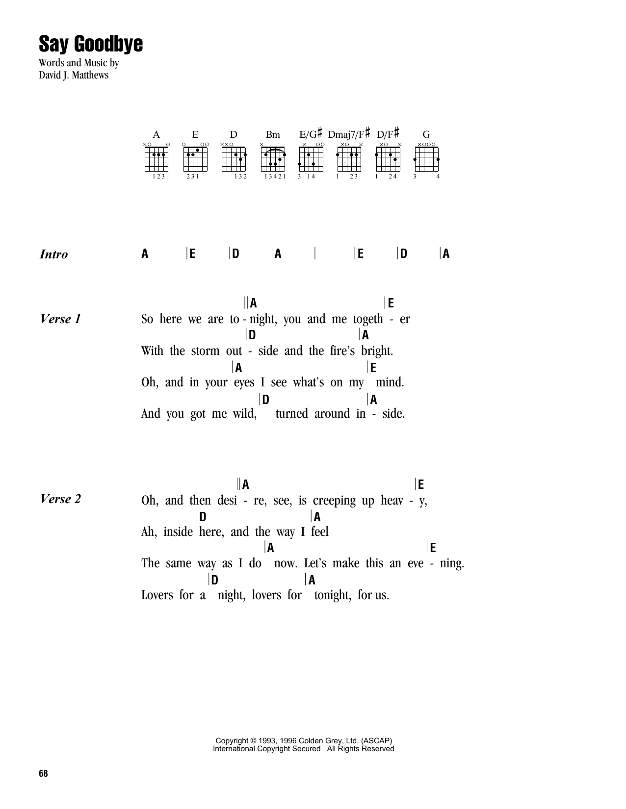 Dave Matthews Band Say Goodbye Sheet Music Notes & Chords for Piano, Vocal & Guitar Chords (Right-Hand Melody) - Download or Print PDF