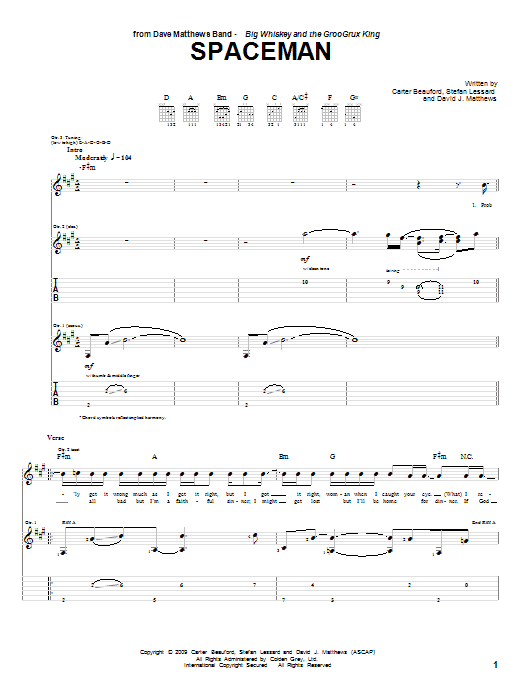 Dave Matthews Band Spaceman Sheet Music Notes & Chords for Guitar Tab - Download or Print PDF