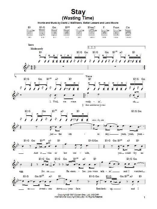 Dave Matthews Band Stay (Wasting Time) Sheet Music Notes & Chords for Lyrics & Chords - Download or Print PDF