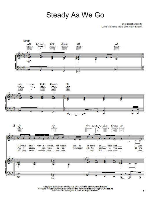Dave Matthews Band Steady As We Go Sheet Music Notes & Chords for Piano, Vocal & Guitar (Right-Hand Melody) - Download or Print PDF