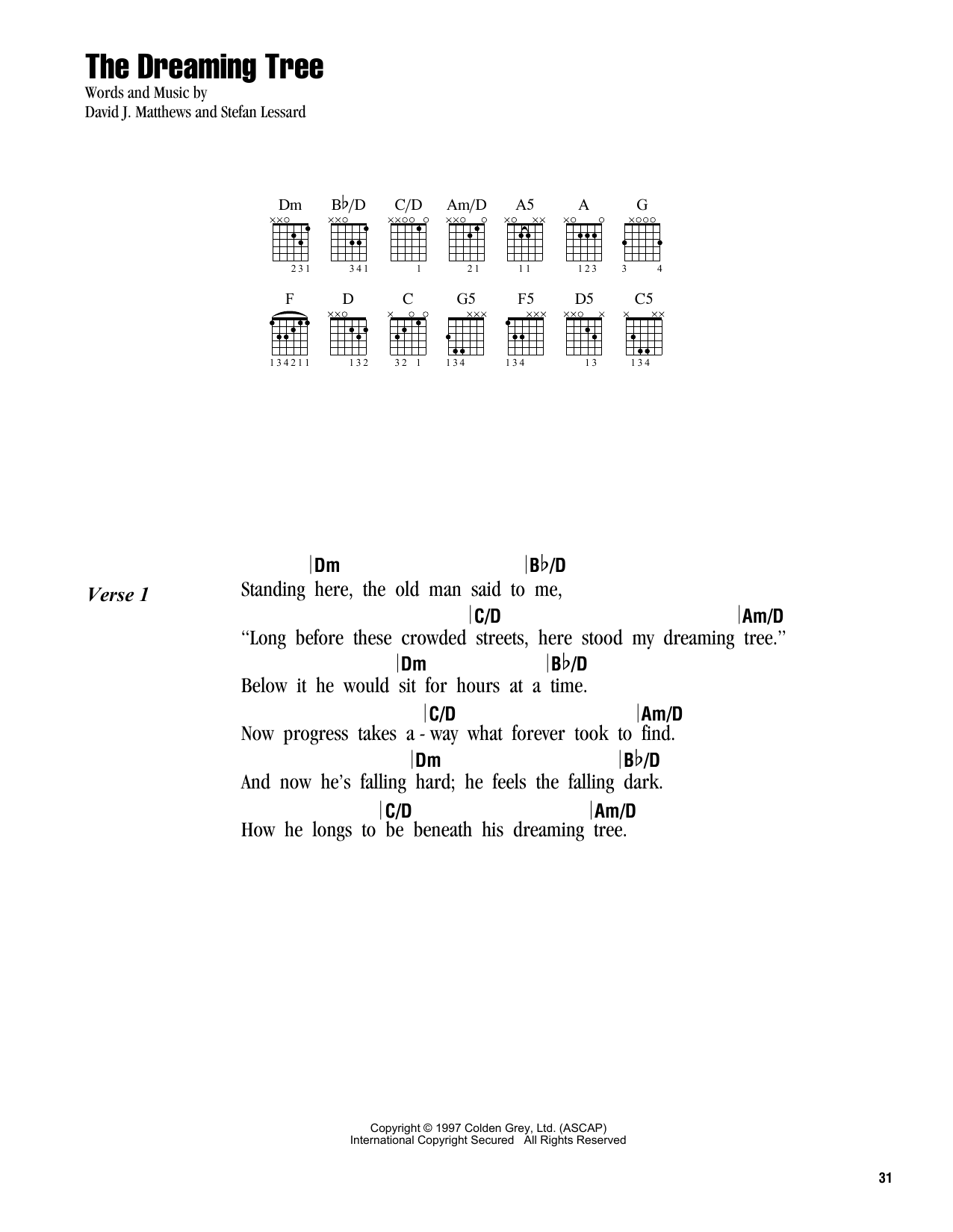 Dave Matthews Band The Dreaming Tree Sheet Music Notes & Chords for Piano, Vocal & Guitar Chords (Right-Hand Melody) - Download or Print PDF