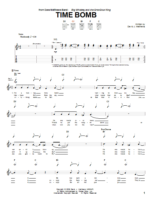 Dave Matthews Band Time Bomb Sheet Music Notes & Chords for Guitar Tab - Download or Print PDF