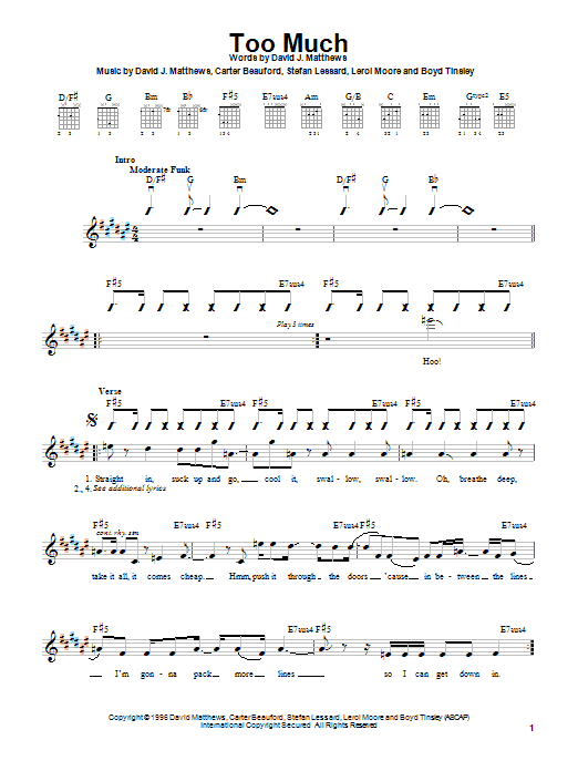 Dave Matthews Band Too Much Sheet Music Notes & Chords for Piano, Vocal & Guitar Chords (Right-Hand Melody) - Download or Print PDF