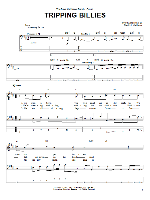 Dave Matthews Band Tripping Billies Sheet Music Notes & Chords for Lyrics & Chords - Download or Print PDF