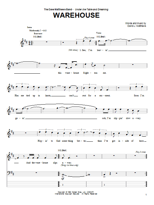 Dave Matthews Band Warehouse Sheet Music Notes & Chords for Bass Guitar Tab - Download or Print PDF
