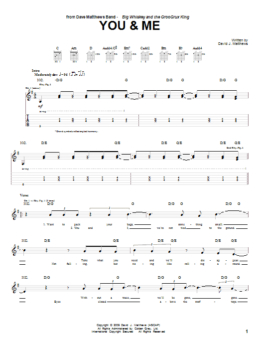 Dave Matthews Band You & Me Sheet Music Notes & Chords for Piano, Vocal & Guitar (Right-Hand Melody) - Download or Print PDF