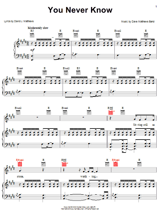 Dave Matthews Band You Never Know Sheet Music Notes & Chords for Piano, Vocal & Guitar (Right-Hand Melody) - Download or Print PDF