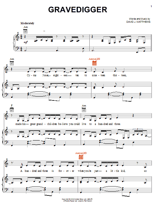 Dave Matthews Gravedigger Sheet Music Notes & Chords for Piano, Vocal & Guitar (Right-Hand Melody) - Download or Print PDF