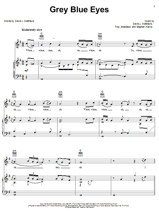 Dave Matthews Grey Blue Eyes Sheet Music Notes & Chords for Piano, Vocal & Guitar (Right-Hand Melody) - Download or Print PDF