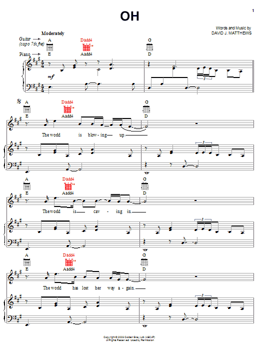 Dave Matthews Oh Sheet Music Notes & Chords for Piano, Vocal & Guitar (Right-Hand Melody) - Download or Print PDF