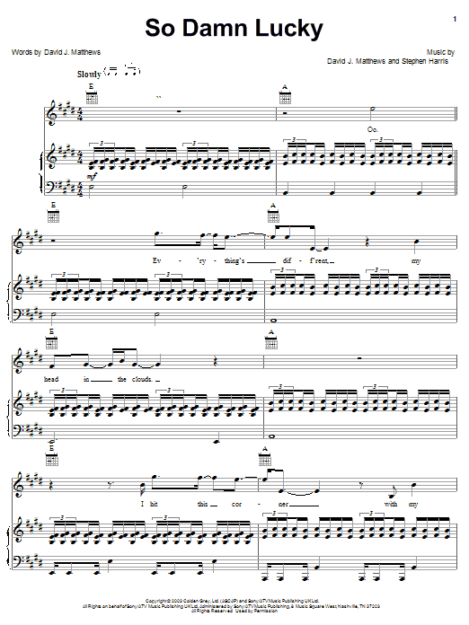 Dave Matthews So Damn Lucky Sheet Music Notes & Chords for Piano, Vocal & Guitar (Right-Hand Melody) - Download or Print PDF