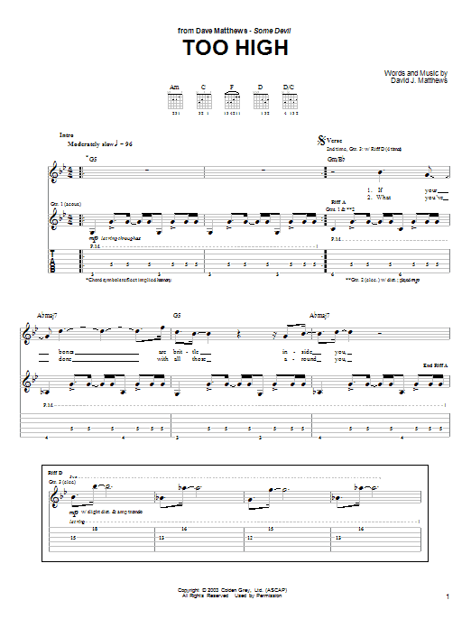 Dave Matthews Too High Sheet Music Notes & Chords for Piano, Vocal & Guitar (Right-Hand Melody) - Download or Print PDF