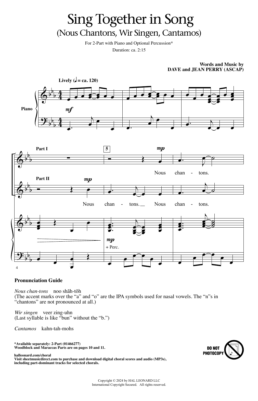 Dave Perry & Jean Perry Sing Together In Song (Nous Chantons, Wir Singen, Cantamos) Sheet Music Notes & Chords for 2-Part Choir - Download or Print PDF