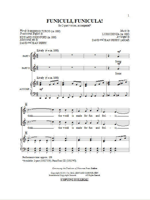Dave Perry Funiculi, Funicula Sheet Music Notes & Chords for 2-Part Choir - Download or Print PDF