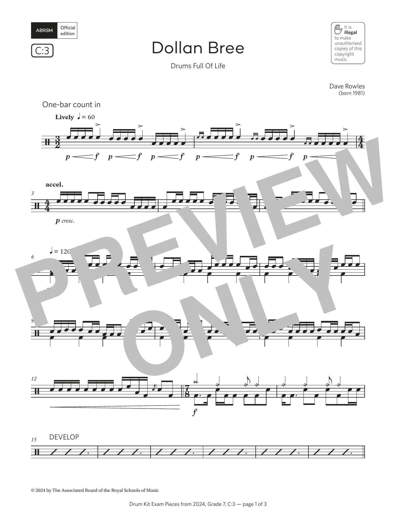 Dave Rowles Dollan Bree (Drums Full Of Life) (Grade 7, list C3, from the ABRSM Drum Kit Syllabus 2024) Sheet Music Notes & Chords for Drums - Download or Print PDF