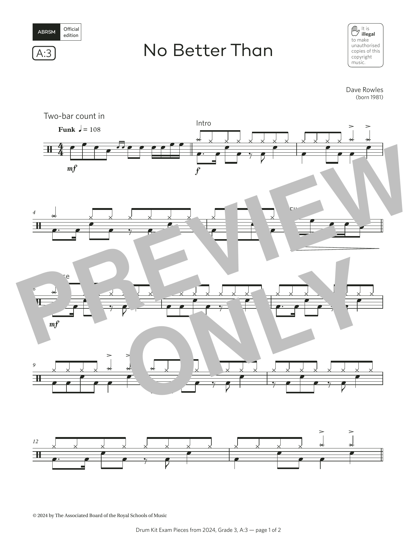 Dave Rowles No Better Than (Grade 3, list A3, from the ABRSM Drum Kit Syllabus 2024) Sheet Music Notes & Chords for Drums - Download or Print PDF