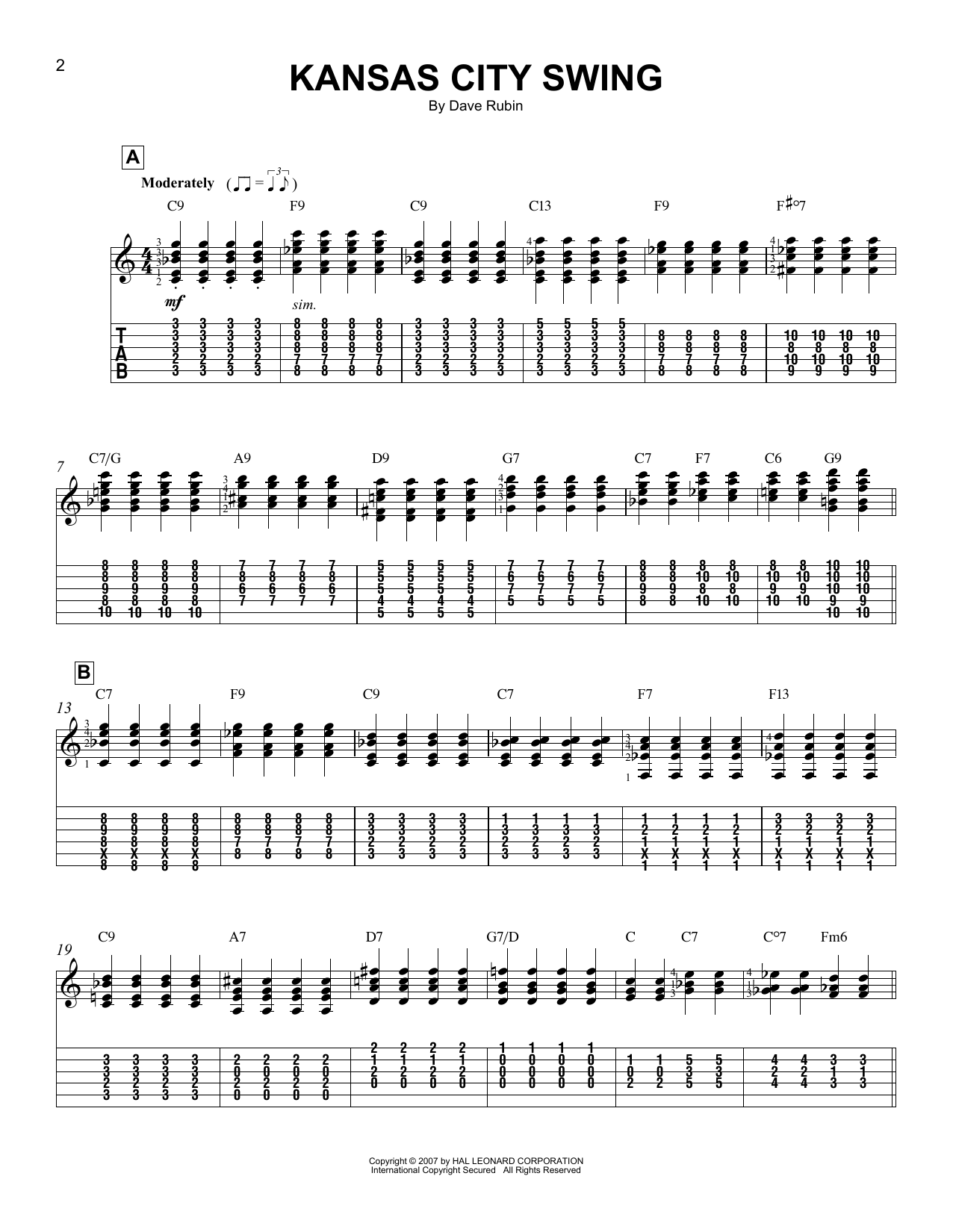 Dave Rubin Kansas City Swing Sheet Music Notes & Chords for Easy Guitar Tab - Download or Print PDF