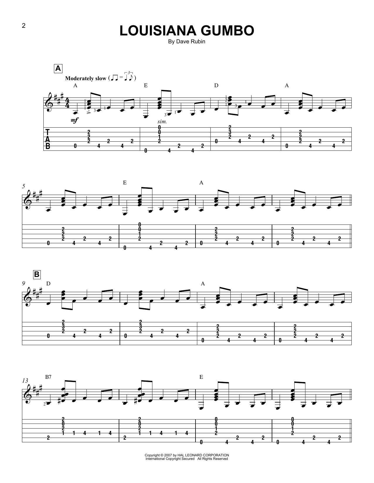 Dave Rubin Louisiana Gumbo Sheet Music Notes & Chords for Easy Guitar Tab - Download or Print PDF